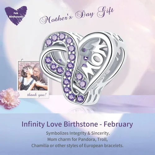 Vista 6 de VOROCO Sterling Silver Mom Charm Birthstone for Bracelets and Necklacesfront and back Consistent Infinity charms Heart for Mothers Birthday