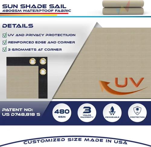 Vista 3 de Windscreen4less 2 x 2 pies, toldo de sol resistente de 480GSM impermeable con borde recto para toldo al aire libre, bloque UV para césped, patio