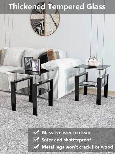 Vista 3 de Mesa auxiliar de vidrio moderna para sofá, mesa de centro pequeña, mesa de centro negra, mesa de sala de estar, mesita de noche cuadrada, muebles