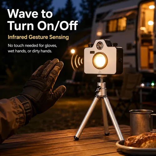 Vista 4 de Luces LED de camping portátil, luces a pilas, brillo y color ajustables, linterna recargable con magnética, IPX5 impermeable, luces de tienda
