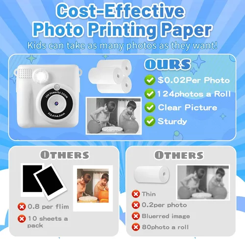 Vista 3 de Papel de impresión térmica para cámara de impresión instantánea BESTOONE Kids, no requiere tinta, seguro, resistente, 5 rollos