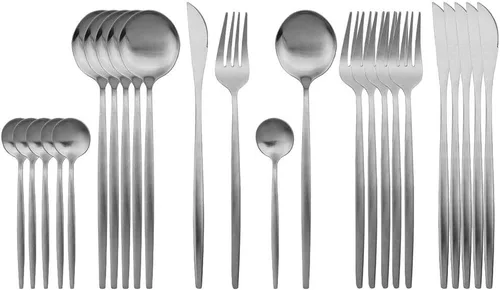 Vista 9 de JASHII Juego de cubiertos de 24 piezas con piezas de servir, utensilios de acero inoxidable, incluye cuchillo, tenedor/cuchara, acabado mate, apto