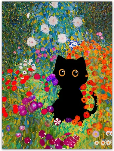 Vista 28 de CAXIYSH Arte de pared de gato negro Monet, póster de lirios acuáticos, vintage, divertido, floral, gato, lienzo, pinturas famosas, impresiones