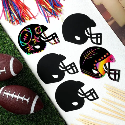 Vista 4 de Syhood Juego de 64 piezas de manualidades de papel para rascar de fútbol, diseño de arco iris, casco de fútbol, tarjetas de rascar con lápiz óptico
