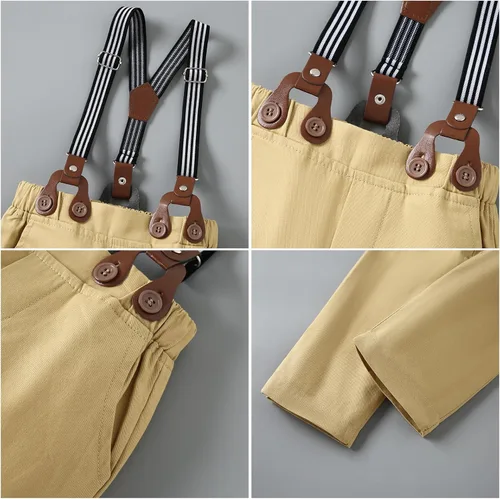 Vista 6 de nilikastta Trajes de ropa para niños, camisa de vestir con corbatín + pantalones con tirantes para niños grandes, trajes de boda para caballeros