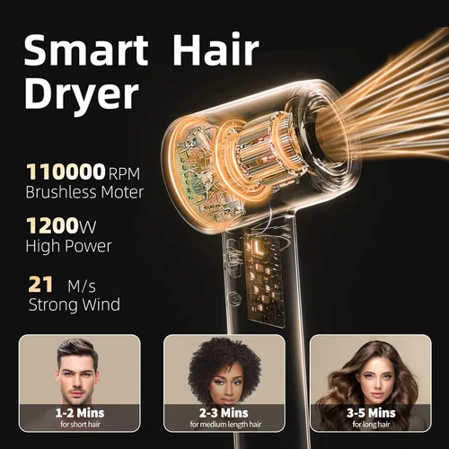 Vista 7 de Secador de pelo portátil, 110000 rpm, motor sin escobillas, secador de soplado iónico negativo para secado 5 veces más rápido, control térmico
