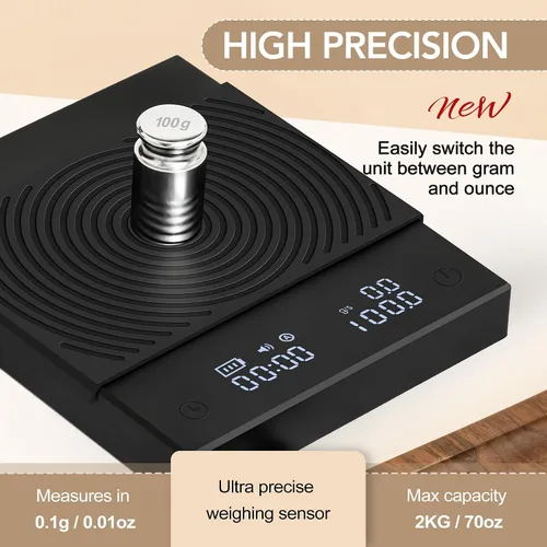 Vista 4 de Báscula de café TIMEMORE Basic 2.0 con temporizador, báscula de espresso de espejo negro con función de tasa de flujo, 2000g/0.1g de alta precisión