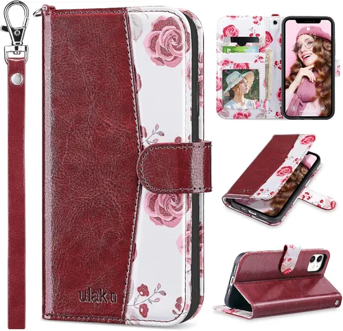 Vista 12 de ULAK Compatible con iPhone 12 Pro Max Funda Cartera con Portarjetas, Funda de Cuero PU con Soporte Plegable Ranuras para Tarjetas Correa de Muñeca