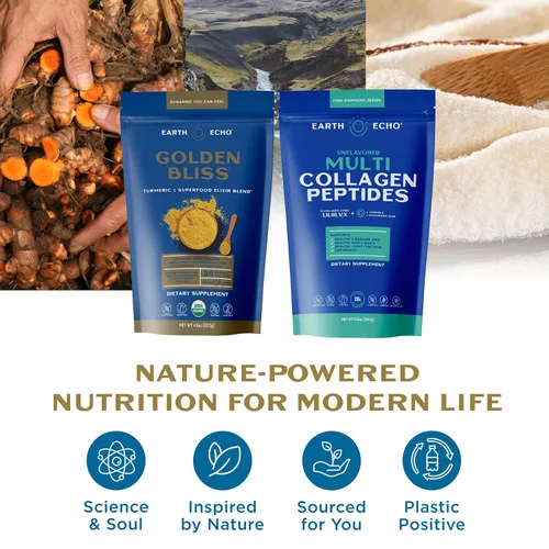 Vista 8 de Earth Echo Paquete revitalizante y Nightcap – Colágeno hidrolizado con vitamina C y ácido hialurónico para piel radiante – Leche dorada orgánica