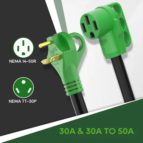 Vista 3 de RVGUARD - Cable adaptador Y para caravana con mango, dos enchufes machos TT-30 de 30 amperios a hembra 14-50 de 50 amperios, color verde Dos