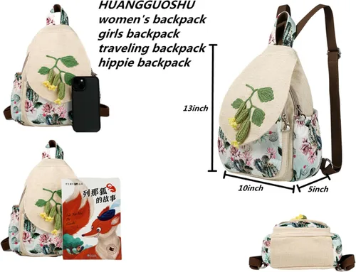 Vista 20 de HUANGGUOSHU Mochila de algodón tejida de algodón bohemio con bordado de lona estilo bohemio con múltiples bolsillos retro linda mochila cartera