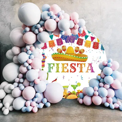 Vista 3 de AOFOTO Telón de fondo redondo con temática de fiesta mexicana de 5 x 5 pies para fotografía, carnaval del Cinco de Mayo, banderas coloridas