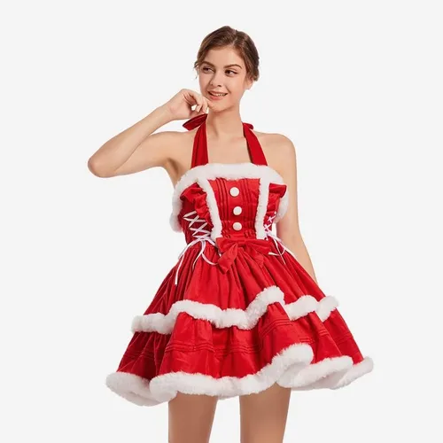 Vista 3 de Women's Red Christmas Suspender Sleeveless Dress with Cloak Dress Prom Dress