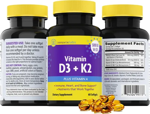 Vista 8 de InnovixLabs Vitamina D3 K2-5000 IU Vitamina D3 Plus 600 mcg Vitamina K2 MK4 y MK7 para la máxima absorción de calcio, apoya la salud ósea, inmune