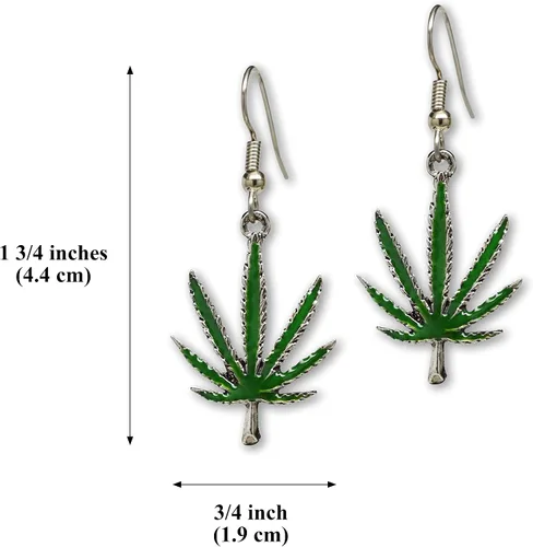Vista 3 de Aretes colgantes de hojas de marihuana con esmalte verde sobre peltre, Metal Esmalte