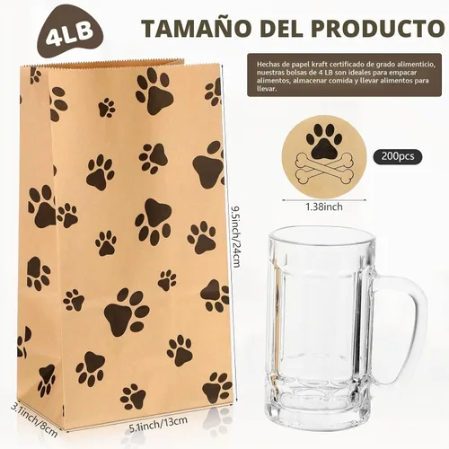 Vista 2 de Meanplan 200 bolsas de papel con huella de papel para perros, bolsas a granel para almuerzo, aperitivos, pan, dulces, sándwich, palomitas de maíz