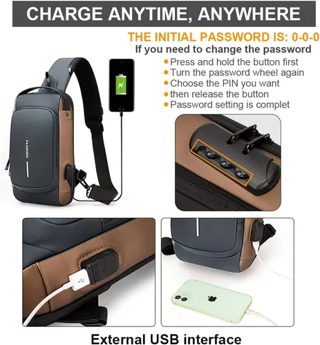 Vista 4 de Anti theft Crossbody Sling Bag,Waterproof Chest Daypack with USB Charging, Shoulder Backpack for Men