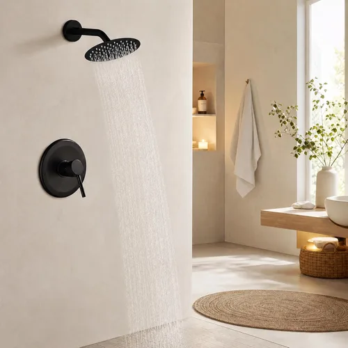 Vista 9 de Juego de llave de ducha HUCKLE con cabezal de ducha, llave de ducha negra de 15 cm con válvula, cabezal de ducha de lluvia de mango único negro mate