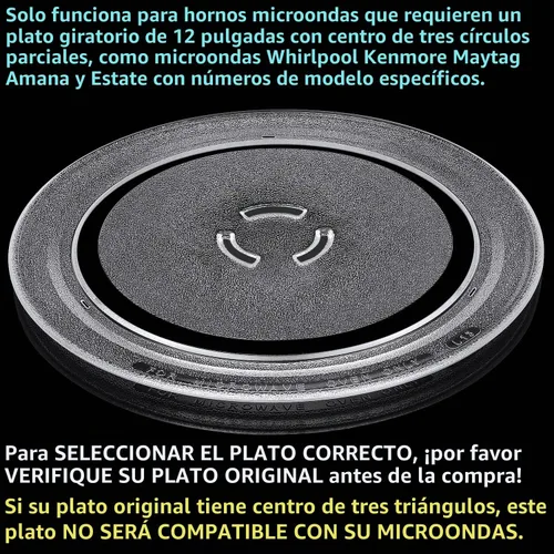 Vista 4 de Placa giratoria de 12 pulgadas de repuesto para microondas Whirlpool Kenmore Maytag Amana Estate, 4393799, bandeja de cocina de vidrio con centro