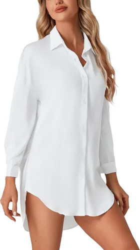 Vista 4 de LYANER Camisa de noche de seda con botones y manga larga para mujer, con abertura, para novio