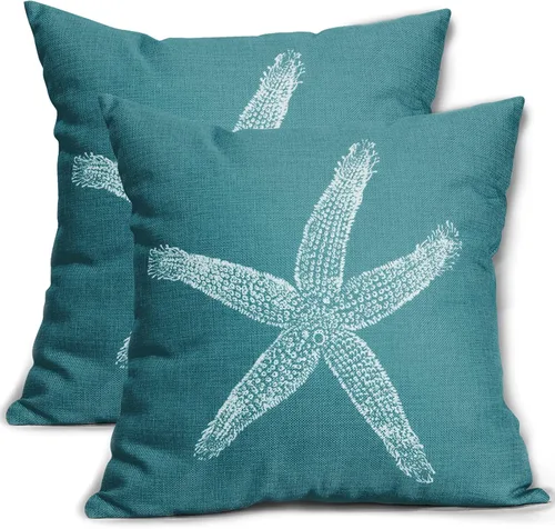 Vista 14 de Sweetshow Juego de 2 fundas de almohada cuadradas de lino con estrellas de mar negras de 16 x 16 pulgadas, decoración náutica costera de playa