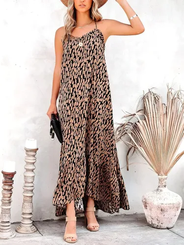Vista 2 de ANRABESS Vestido largo de alto bajo de verano para mujer con volantes altos y bajos con tirantes delgados con estampado de vuelo