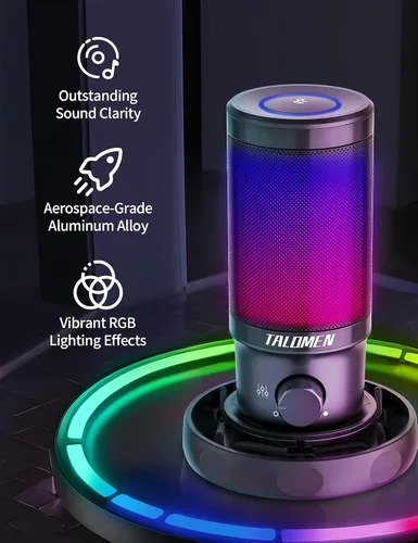 Vista 9 de talomen - Micrófono de juego para PC, kit de micrófono condensador de transmisión USB con RGB, silencio rápido, perilla de ganancia, soporte