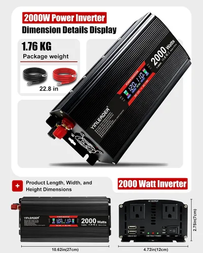 Vista 5 de Inversor de 2000 vatios de 12 V a 110 V/120 V, inversor de CC a CA de 2000 W con pantalla LCD inteligente, salidas de CA duales, puerto de carga USB