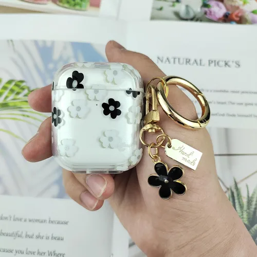 Vista 6 de Funda compatible con AirPods, funda de TPU suave con bonito patrón de flores para AirPods de 2 y 1 generación con llavero colgante y mosquetón