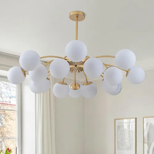 Vista 14 de Lámpara de araña Sputnik de 12 luces, color negro con burbujas de vidrio de leche Luces de techo semi empotradas, acento de flor, Art Deco