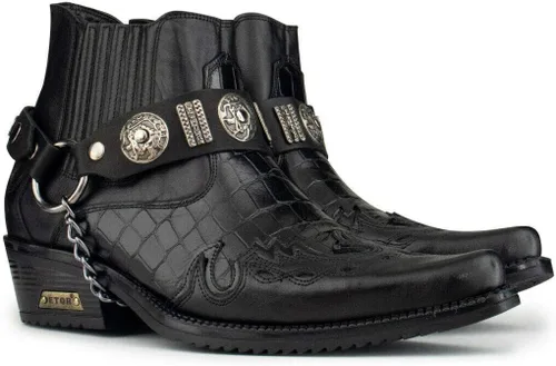 Vista 2 de Botines vaqueros de cuero con diseño de cocodrilo para hombre con tacones cubanos y cadena de metal