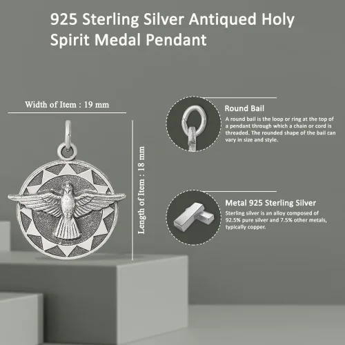 Vista 5 de Colgante de plata de ley 925 con medalla del Espíritu Santo antiguo (L- 0.71 pulgadas, W- 0.75 pulgadas), Metal, No es una piedra preciosa