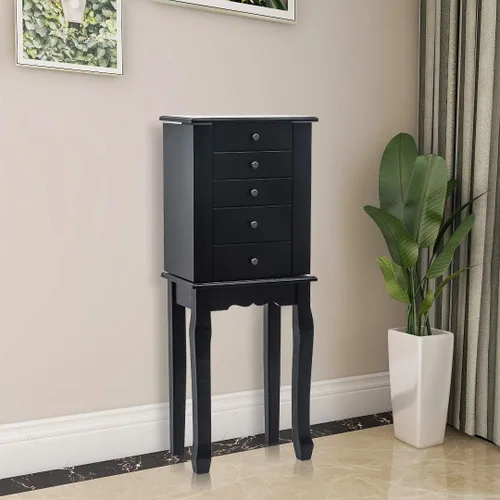 Vista 6 de Karl home Armario de joyería negro con espejo abatible superior y organizador de almacenamiento gabinete de joyería de pie con 5 cajones de franela