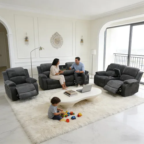 Vista 9 de Juego de sofá reclinable manual de 3 piezas, sofá reclinable de pana para sala de estar Gris oscuro