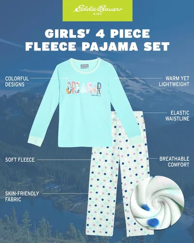 Vista 2 de Eddie Bauer Conjunto de pijama para niña, acogedor conjunto de ropa de dormir de invierno de forro polar, camisa de manga larga de 4 piezas