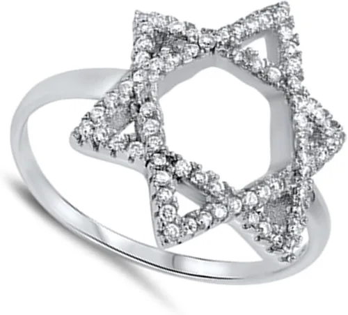 Vista 2 de Anillo de plata de ley 925 con diseño de estrella de David y hielo blanco