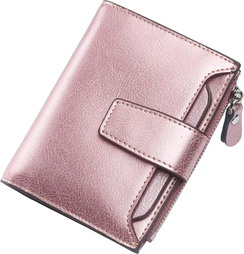 Vista 80 de Lavemi Pequeña cartera compacta para mujer, con bloqueo RFID, de piel auténtica, plegable, con ventanas de identificación