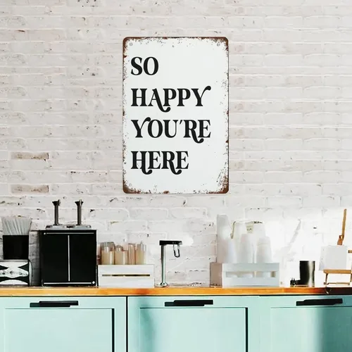 Vista 7 de So Happy You're Here - Impresión artística con cita inspiradora con cita de feliz pared, arte de pared de cuidado personal, retro, letrero de metal