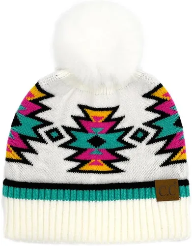 Vista 9 de C.C Southwest - Gorro de punto con pompón para mujer, unisex, elástico, suave, cálido, con piel sintética, gorro de invierno Azteca-negro