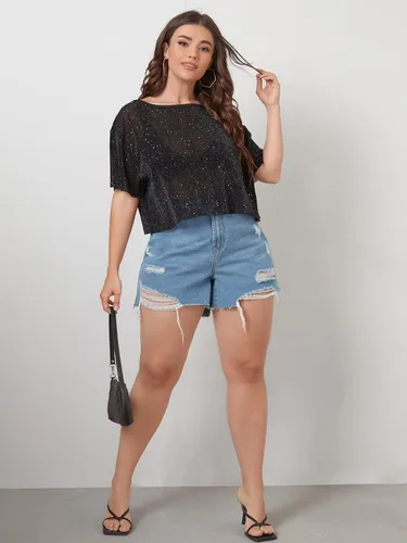 Vista 5 de Romwe Camiseta de manga corta transparente con purpurina para mujer talla grande de malla transparente