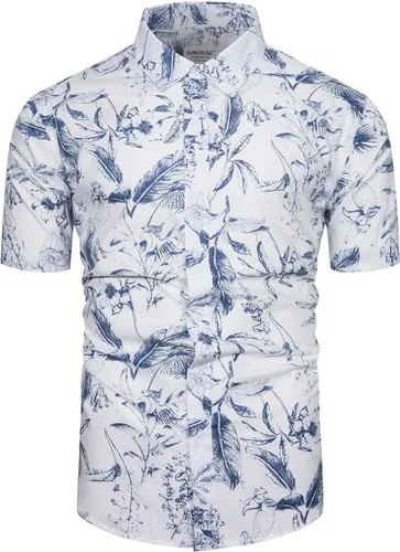 Vista 11 de TUNEVUSE - Camisa de manga corta para hombre con botones, diseño floral, camisa hawaiana de playa de verano de algodón Estampado de plátano.