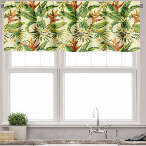 Vista 3 de Ambesonne Juego de 3 cenefas tropicales y cortinas de nivel, flores exóticas de plumeria y hojas de palmera sobre fondo crema, flora hawaiana