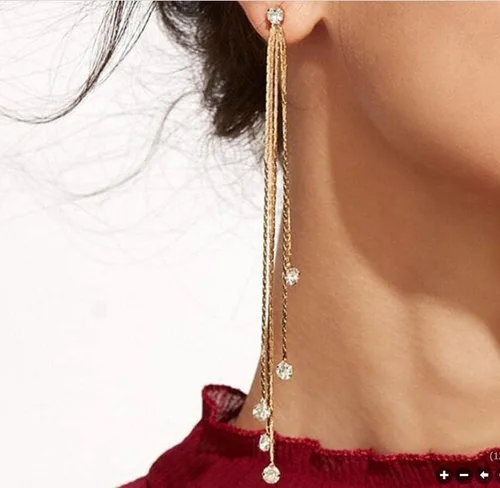 Vista 7 de XINSHUN Pendientes largos lineales de diamantes de imitación con borlas largas para mujer