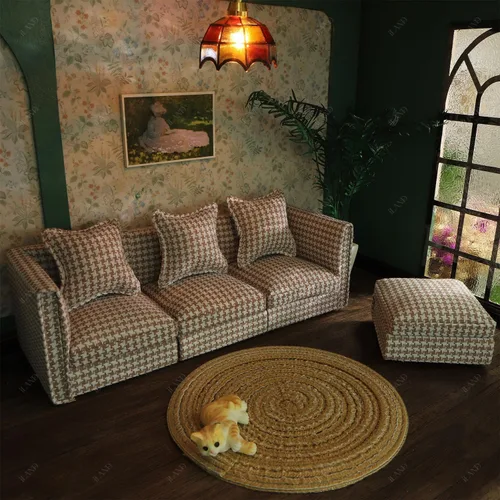Vista 7 de iLAND Muebles de Casa de Muñecas Sofá Seccional en Miniatura para Decoración de Casa de Muñecas Compatible con Accesorios a Escala 1/12, Sofá
