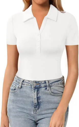Vista 9 de HERLOLLYCHIPS Womens Short Sleeve Tops V Neck Button Down Collared Fitted Shirts