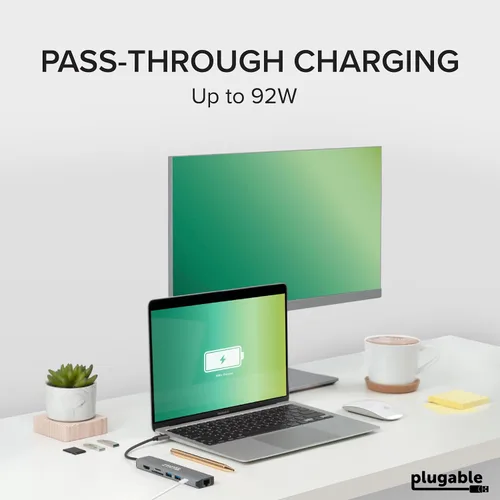 Vista 4 de Plugable Adaptador multipuerto USB C 7 en 1 sin controlador con Ethernet, HDMI 4K60Hz, carga de paso de 100 W, 2 USB 3.0, SD/microSD, para USB-C