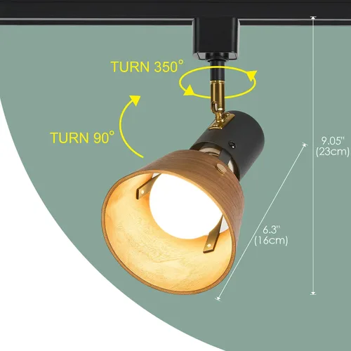 Vista 4 de TeHenoo Modern H Type Track Lighting, Matte Black, Pack of 3 Adjustable Track Heads, Natural Wood Lampshade, E26 Socket, Brass Swivel Item Kit