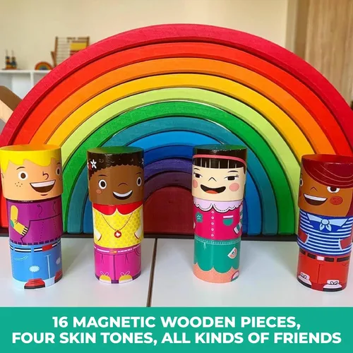 Vista 7 de Juego de amigos magnéticos multirraciales de 16 piezas, bloques de construcción de diversidad de madera para niños, muñecas multiculturales