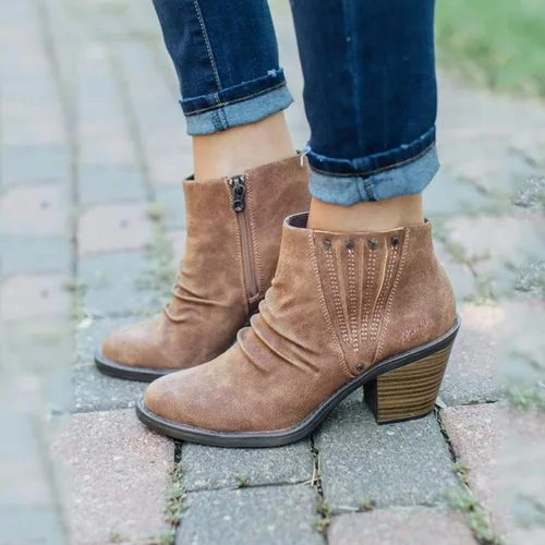 Vista 2 de Botas de tobillo para mujer con talón, botines de cuña para mujer, estilo retro, con corte en V, cómodas botas cortas de cuero con cierre