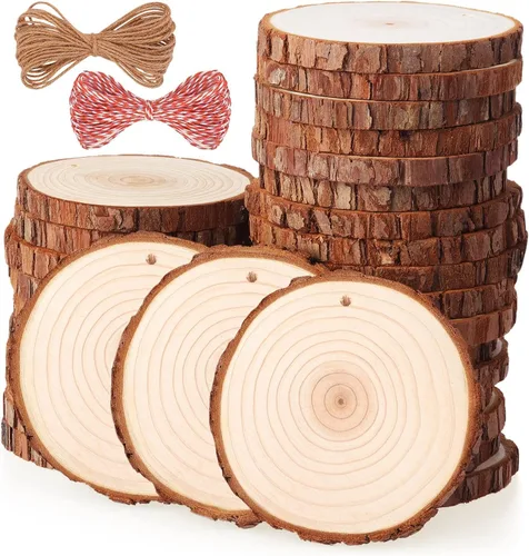 Vista 11 de Fuyit Juego de 30 rodajas de madera de 2.0 a 2.4 pulgadas, sin acabar, con agujero, círculos de madera para artes y manualidades, adornos